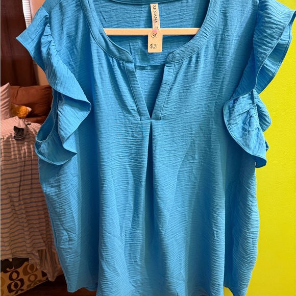 Zenana Outfitters Tops - Zenana Outfitters Turquoise Ruffle Sleeve Blouse